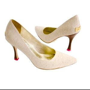 Claire Flowers Biege Linen Upper Pumps Pointed Toe Pink Heel Base Sz 6